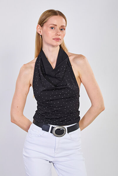 BARRELS AND OIL Γυναικεία μπλούζα με γιακά και πέτρες - Μαύρη