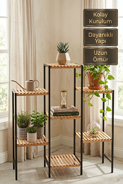 Bino Çiçeklik 3LÜSET Çok Amaçlı Metal Gövde Ahşap Raf 7RAF Bitki Standı Paslanmaz Balkon Salon Organizer