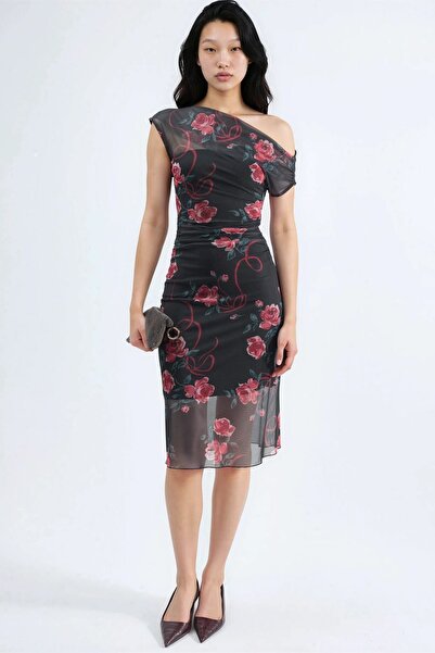 Hiccup Φόρεμα μίντι με ασύμμετρο λαιμόκοψη και λουλούδια