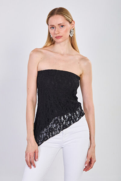 BARRELS AND OIL Γυναικεία δαντελένια μπλούζα με ασύμμετρη κοπή και στράπλες -...