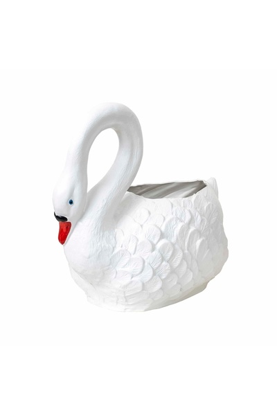 FOXMAG24 Διακοσμητική γλάστρα κύκνος από λευκό πλαστικό, μήκους 53 εκ.