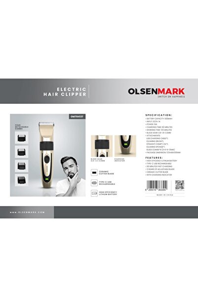 Olsenmark ماكينة قص الشعر OMTR4137 - شفرة سيراميك، وقت تشغيل 120 دقيقة، شحن س...