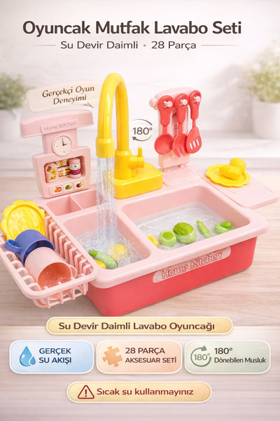 YILDIRIM OYUNCAK Gerçek Akan Su Sistemli Oyuncak Mutfak Lavabo Seti 28 Parça ...