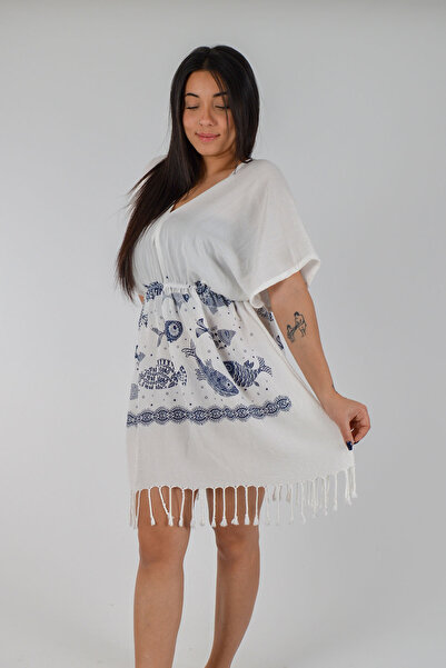 REİNA TEKS Μαύρο φόρεμα παραλίας με σχέδιο ψαριού, βαμβακερό, με λαιμόκοψη V ...