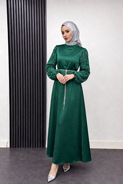 Tesettür Diyarı Γυναικείο σατέν βραδινό φόρεμα Carlotta με μανίκια μπαλόνι - ...