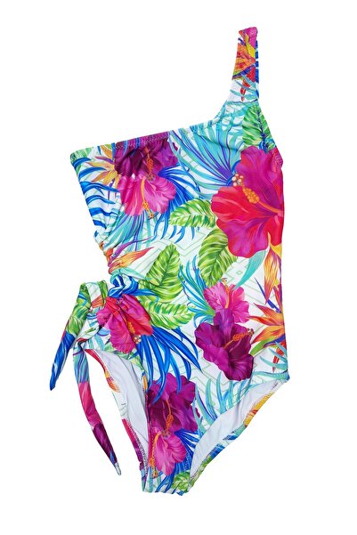 LOOK ME Exotic Leaf Figured Asymmetrical Cut Side Tie Girls' Swimsuit