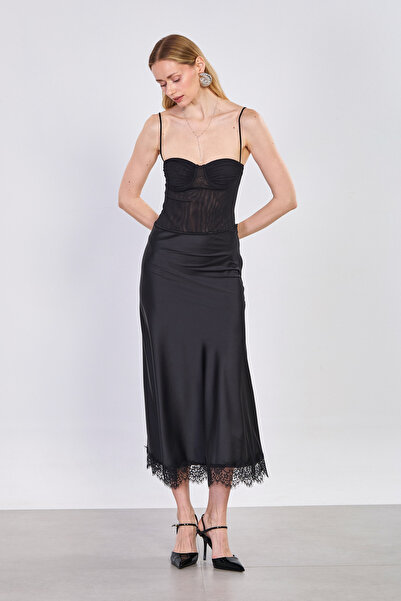 BARRELS AND OIL Γυναικεία Σατέν Φούστα με Δαντέλα στο Τελείωμα - Μαύρη