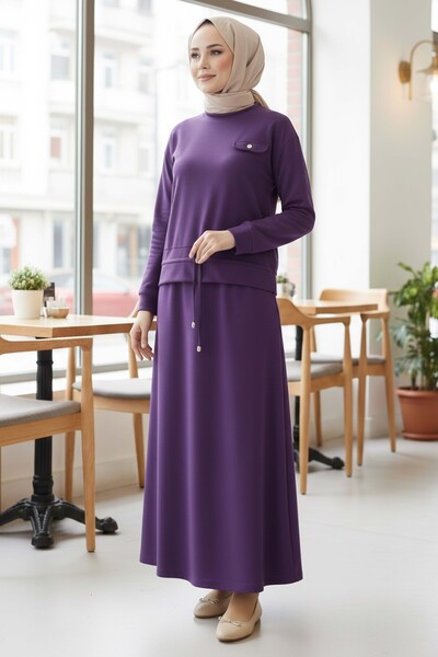 TOFİSA Σετ φούστας με λεπτομέρεια στην τσέπη και κορδόνια - Μωβ - 2071-MOR