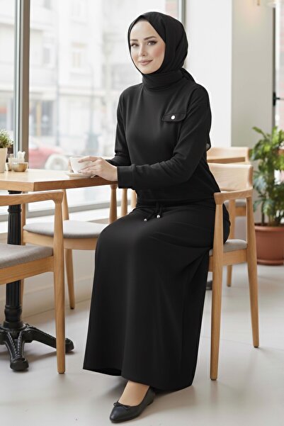 TOFİSA Σετ φούστας με λεπτομέρεια στην τσέπη και κορδόνια - Μαύρο - 2071-ΜΑΥΡΟ