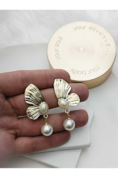 KYOLA DESİGN İnci Sallantı Kelebek Gold Kadın Küpe (4.5cm)