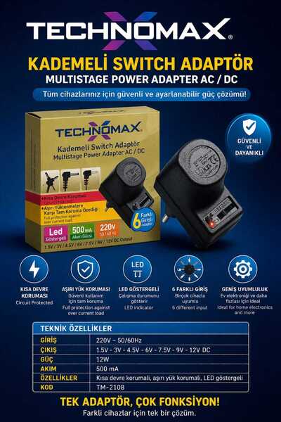 ASG TECHNOMAX KADEMELİ SWİTCH ADAPTÖR AC/DC 6 FARKLI GİRİŞ