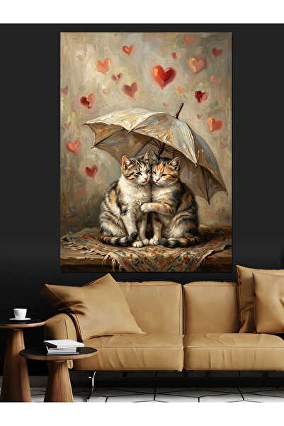 Artmeg Ζευγάρι ερωτευμένων γατών κάτω από την ομπρέλα - Διακοσμητικός καμβάς ...