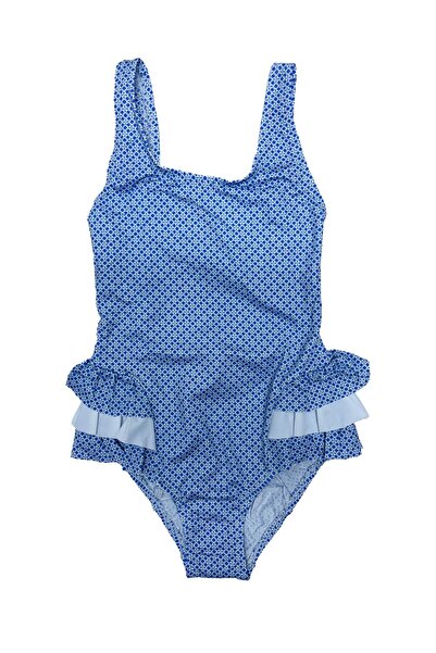 LOOK ME Marin Patterned Girls' Swimsuit with White Ruffle Detail on the Sides