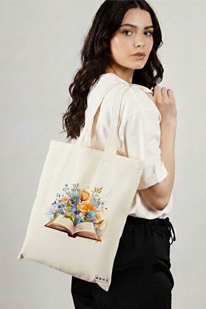BEKZ Sacosa Cumparaturi Textila, Geanta Tote, model Books and flowers 14 38 x...