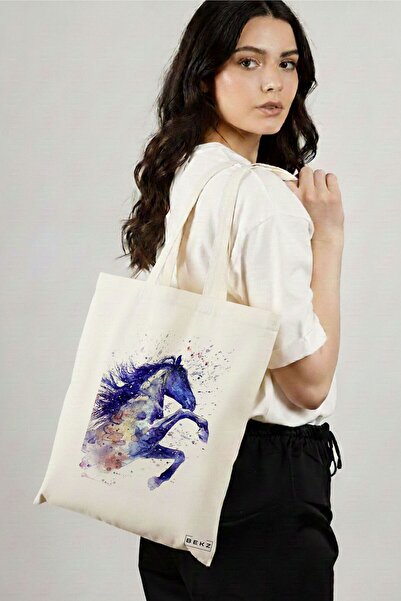 BEKZ Textile Shopping Bag, Tote Bag, Watercolor Horse pattern, 38x34.5 cm, Wh...