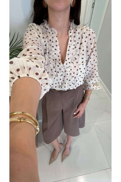 BİRCANÇİL Μπλούζα Donwer Εκρού Καφέ Πουά