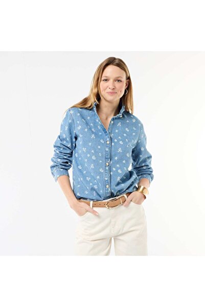 KIABI Denim Blouse with Ruffled Collar BLUE