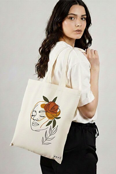 BEKZ Sacosa Cumparaturi Textila, Geanta Tote, Flower Lady 7, 38x34.5 cm, Alba...