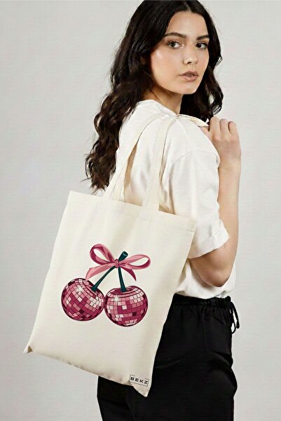 BEKZ Textile Shopping Bag, Tote Bag, Cherry blinks model 38 x 34.5 cm, White,...