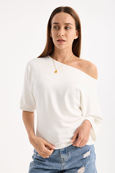 Clothes Fast Γυναικεία μπλούζα με λαιμόκοψη σκάφος, μισό μανίκι, βασικό μπλου...