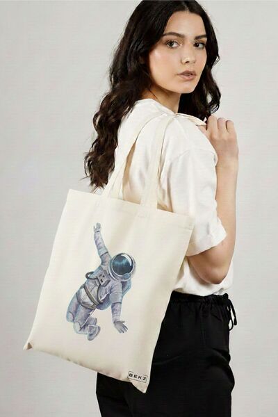 BEKZ Sacosa Cumparaturi Textila, Geanta Tote, model Astronaut, 38x34.5 cm, Al...