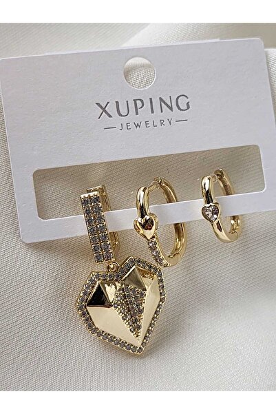 ZÜLİSCH KALPLİ ÇELİK KÜPE 3 LÜ MODEL XUPİNG ORJİNAL KALİTE ZİRKON TAŞLI GOLD ...