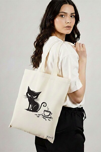 BEKZ Sacosa Cumparaturi Textila, Geanta Tote, model Purrfectly Brewed 38 x 34...