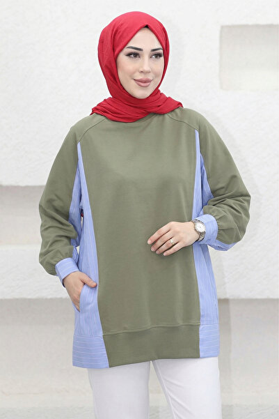 Suede Style 5553 - Άνετο, χαλαρό, βασικό γυναικείο μακρύ φούτερ με ρίγες από ...