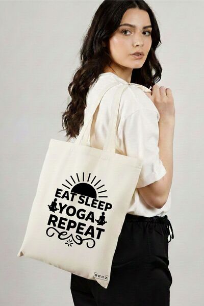 BEKZ Sacosa Cumparaturi Textila, Geanta Tote Yoga Eat Sleap Yoga Repeat, 38x3...