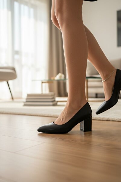 enoch Women's Black Matte Texture Geometric Cut Low Block Heeled Classic Shoe...
