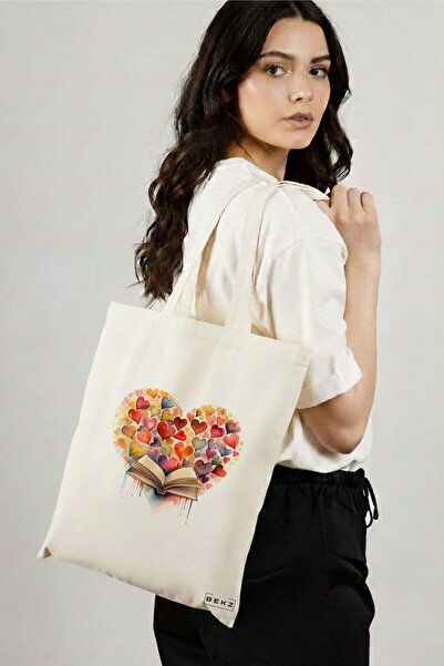BEKZ Sacosa Cumparaturi Textila, Geanta Tote, model Books and hearts 38 x 34....