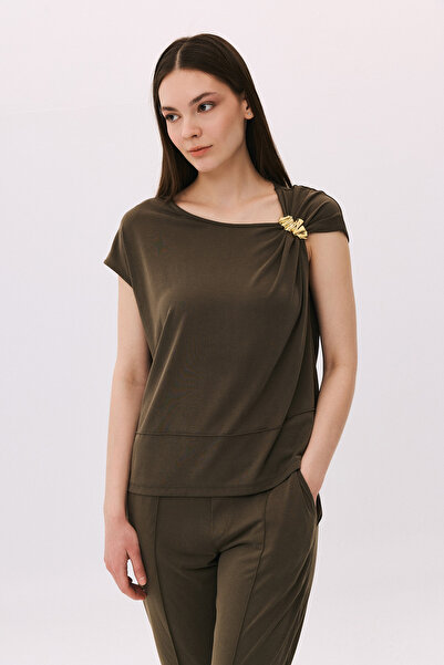 DAIDO Women's Buckle Detailed Sleeveless Combed Cotton Blouse 6244 Khaki