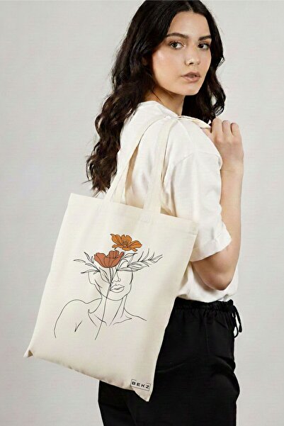 BEKZ Sacosa Cumparaturi Textila, Geanta Tote, Flower Lady 2, 38x34.5 cm, Alba...