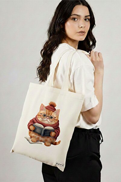 BEKZ Sacosa Cumparaturi Textila, Geanta Tote, model Reading cat 1 38 x 34.5 c...