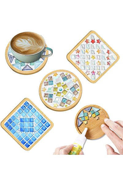 Arabest 4 Sets DIY Glass Mosaic Tiles,Mixed Color Craft Kit,with Wooden Coast...