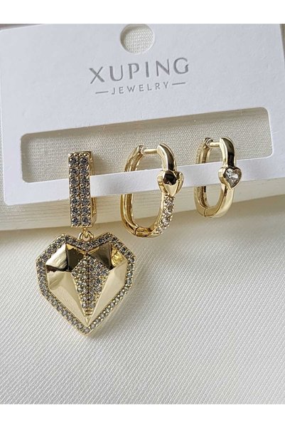 ZÜLİSCH Heart-Shaped Steel Earrings 3-Piece Model Xuping Original Quality Zircon Stone Gold Stainless Steel