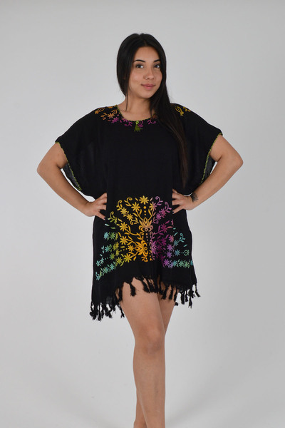 REİNA TEKS Μαύρο Φόρεμα Παραλίας με Σχέδιο Παγώνι, Βαμβακερό Βισκόζη Παρεό 1 ...