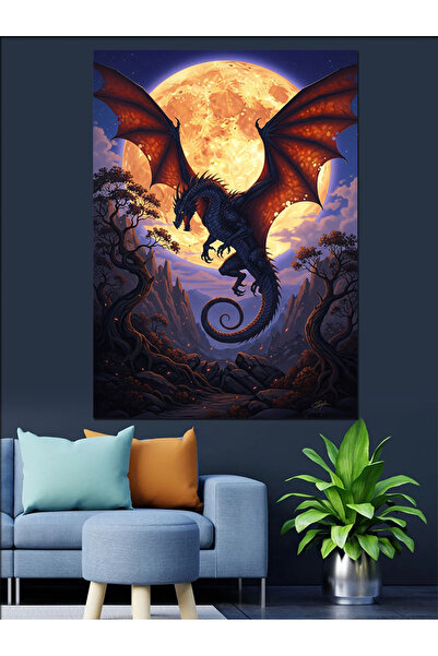 Artmeg Siluetă decorativă de dragon zburător în fața lunii pline - Pânză deco...