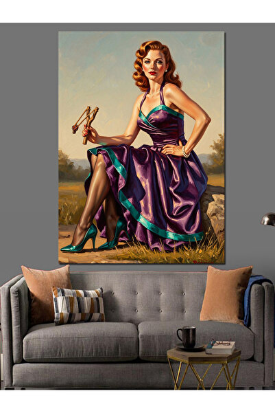 Artmeg Femeie retro elegantă în rochie mov - Tablou decorativ din pânză - Lem...