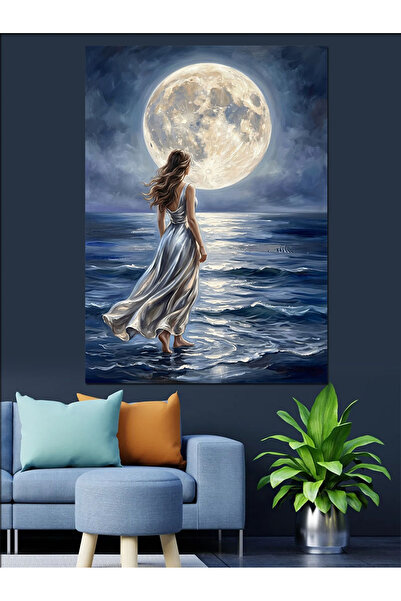 Artmeg Femeie care privește apăsul de mare pe plajă - Tablou decorativ din pâ...