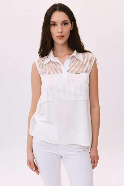 DAIDO Γυναικεία Διχτυωτή Λεπτομερής Αμάνικη Μπλούζα 4813 Εκρού