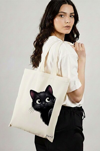 BEKZ Υφασμάτινη Τσάντα Αγορών, Τσάντα Tote, Μοντέλο  "Το Περίεργο Γατάκι ", 3...