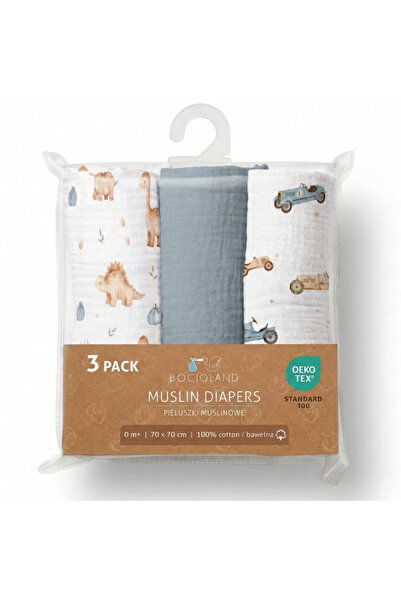 Bocioland Set 3 scutece multifunctionale Blue 70x70 cm din muselina 100% bumbac,suprafata texturata,