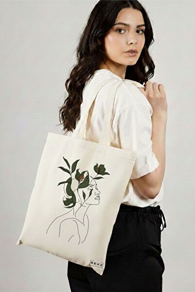 BEKZ Sacosa Cumparaturi Textila, Geanta Tote, Flower Lady 10, 38x34.5 cm, Alb...