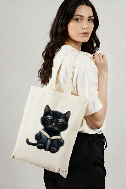 BEKZ Υφασμάτινη Τσάντα Αγορών, Τσάντα Ώμου, με σχέδιο γάτας που διαβάζει, μον...