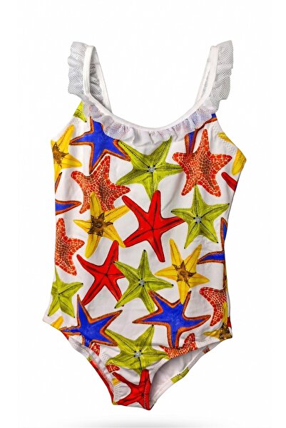 LOOK ME Girl's Swimsuit with Starfish Figure and Mesh Shoulder Detail