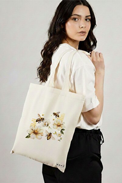 BEKZ Sacosa Cumparaturi Textila, Geanta Tote, model Bees and flowers 38 x 34....