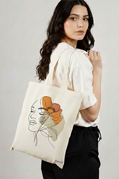 BEKZ Sacosa Cumparaturi Textila, Geanta Tote, Flower Lady 12, 38x34.5 cm, Alb...