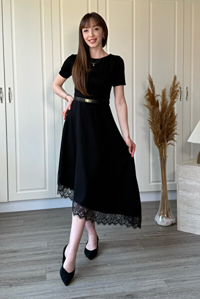 Dilay Gökoğlu Butik Ασύμμετρο μίντι μαύρο φόρεμα από ύφασμα Modal με λεπτομέρ...