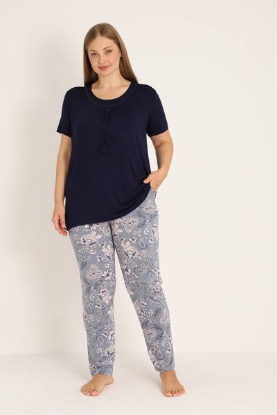 JENİKA Γυναικείο Σετ Πιτζάμες Μεγάλου Μεγέθους με Δαντέλα από Βισκόζη, Κοντομ...